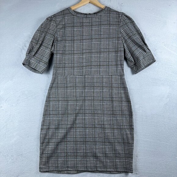 Sonja Betro Sheath Mini Dress Houndstooth Puff Sleeves Womens Gray Size X Large - Picture 1 of 13